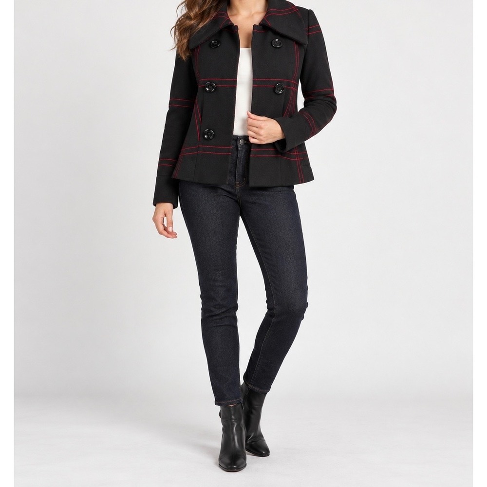 Grace Peacoat Jacket Women 4 Black Red Plaid Double Breasted Cropped Stretch